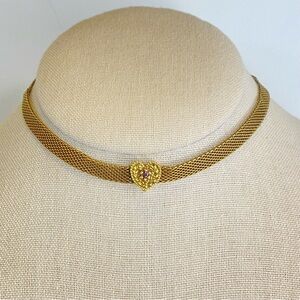 Vintage Gold Tone Panther Chain Mesh Necklace Heart Charm Purple Stone